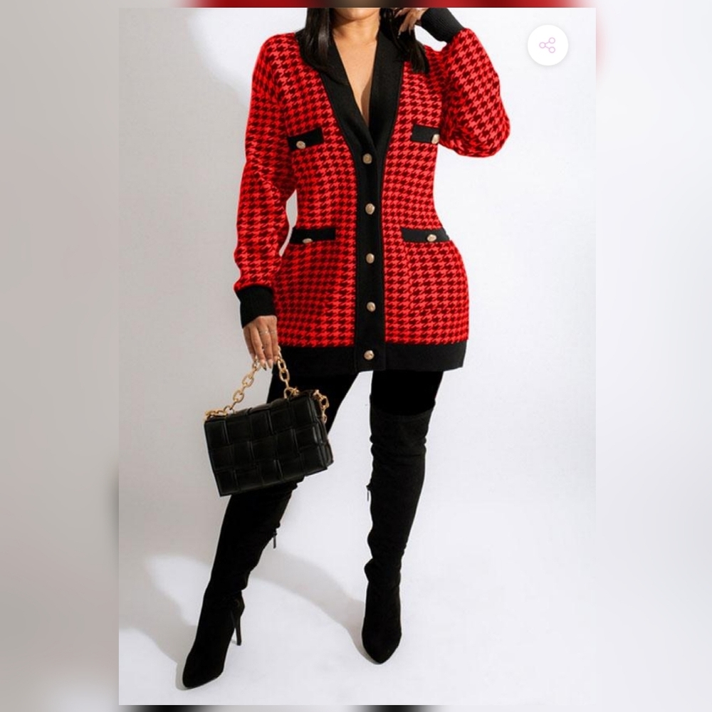 Houndstooth Casual V-Neck Button Down Jacket